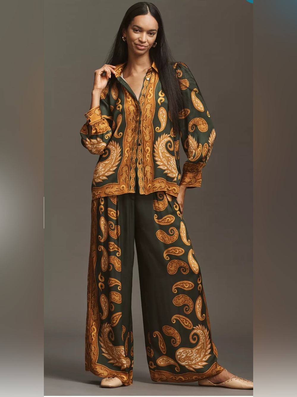Farm Rio x Anthropologie Printed Wide-Leg Pants & Button Down Blouse Set size M